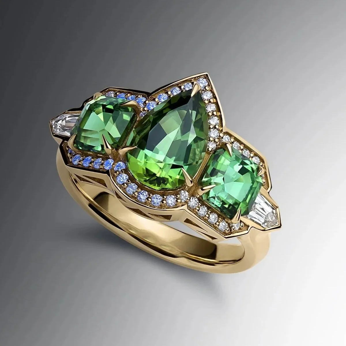 One-of-a-Kind Deco Filigree Ring with Asher-cut Blue Green Tourmaline and Fancy-cut Diamonds