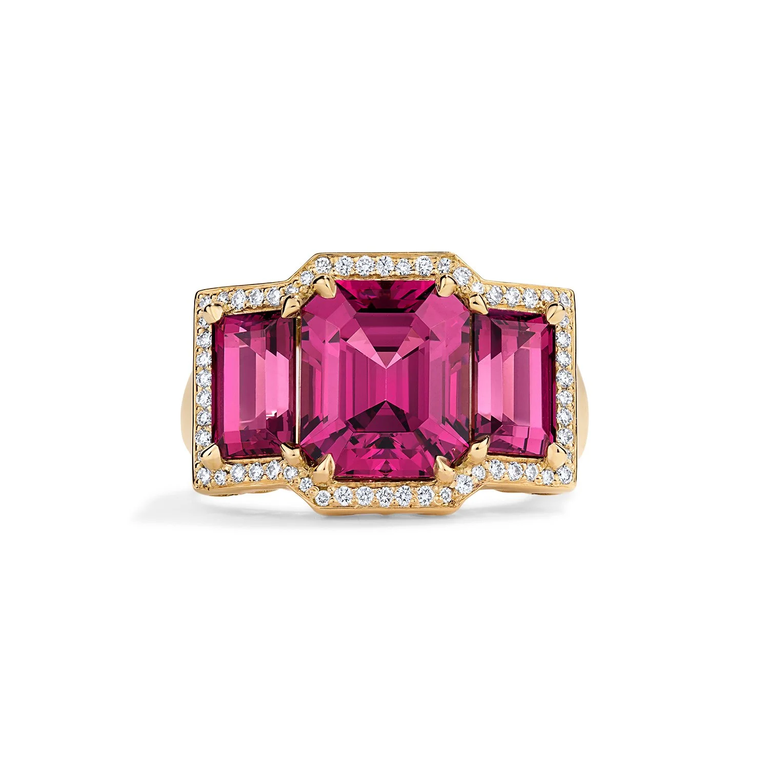 One-of-a-Kind Deco Filigree Ring with Emerald-cut Rhodolite Garnets and Diamonds
