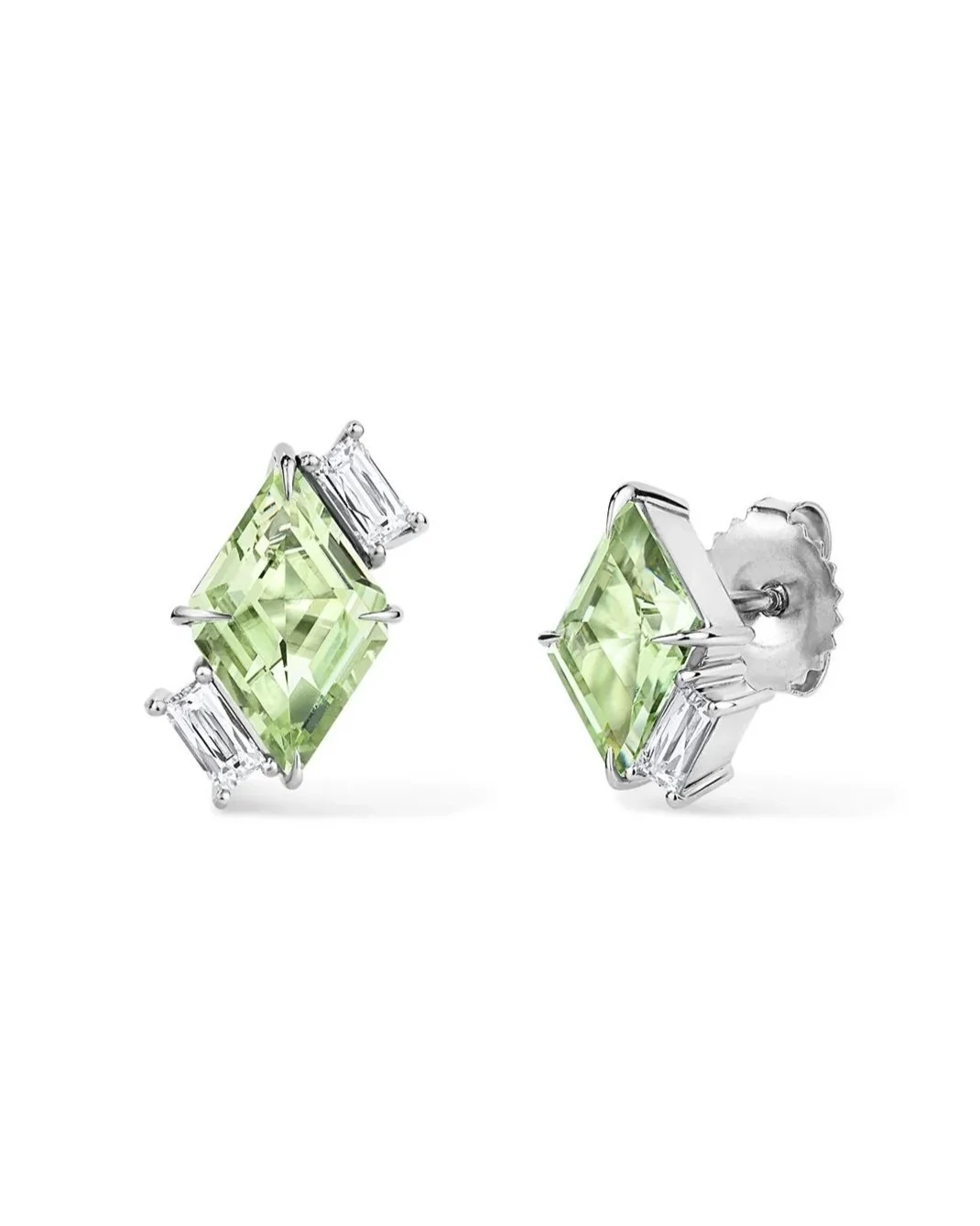 One-of-a-Kind Mismatched Mint Green Tourmaline Ear Climber Earrings with Antique-Style Baguette French-cut Diamonds