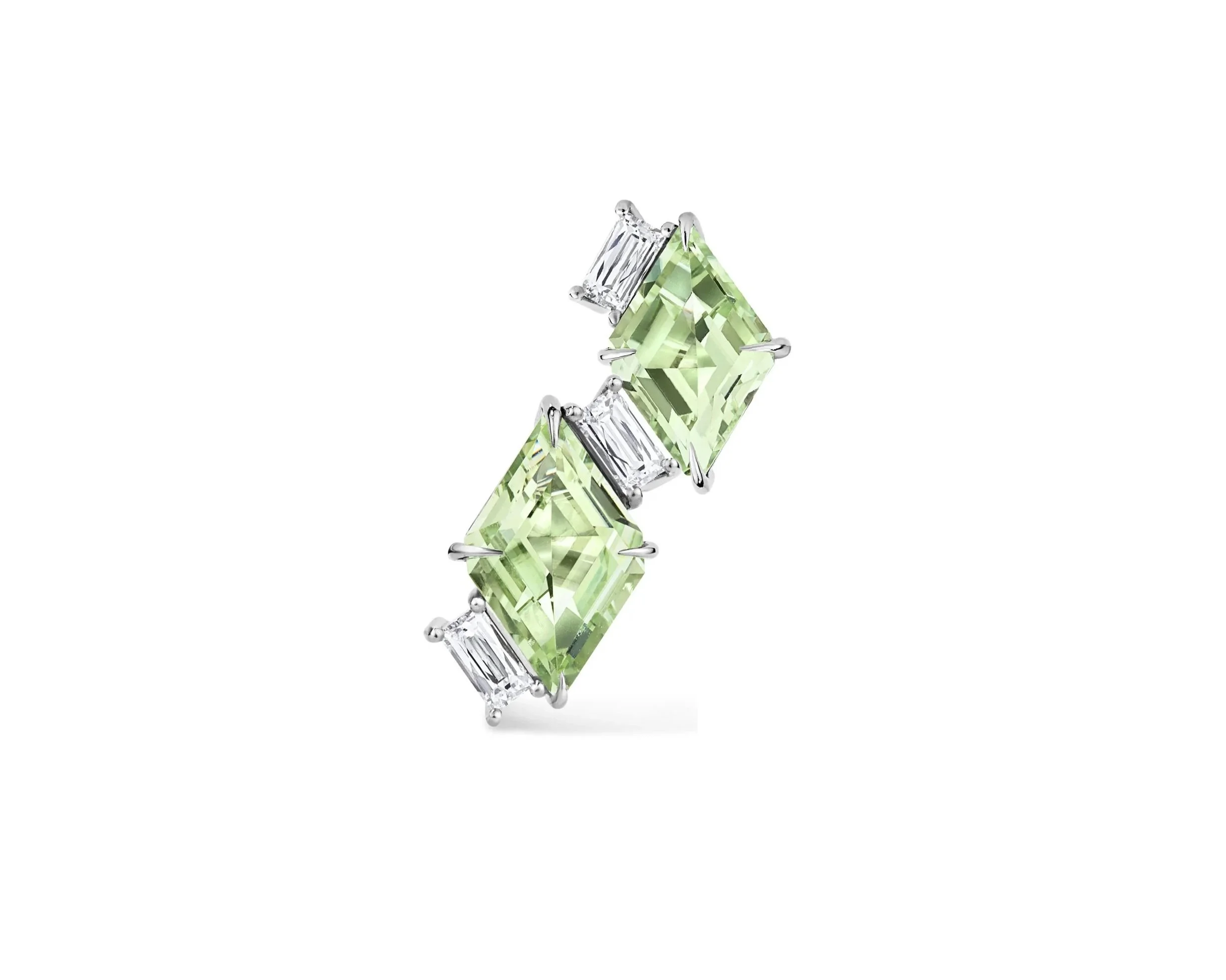 One-of-a-Kind Mismatched Mint Green Tourmaline Ear Climber Earrings with Antique-Style Baguette French-cut Diamonds