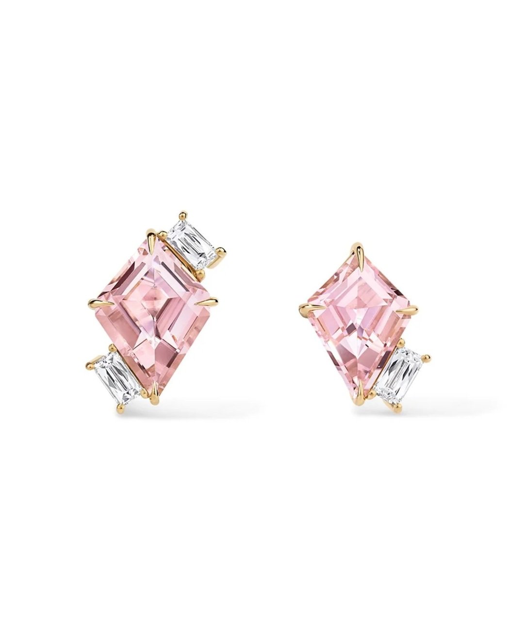 One-of-a-Kind Mismatched Pink Tourmaline Ear Climber Earrings with Antique-Style Baguette French-cut Diamonds