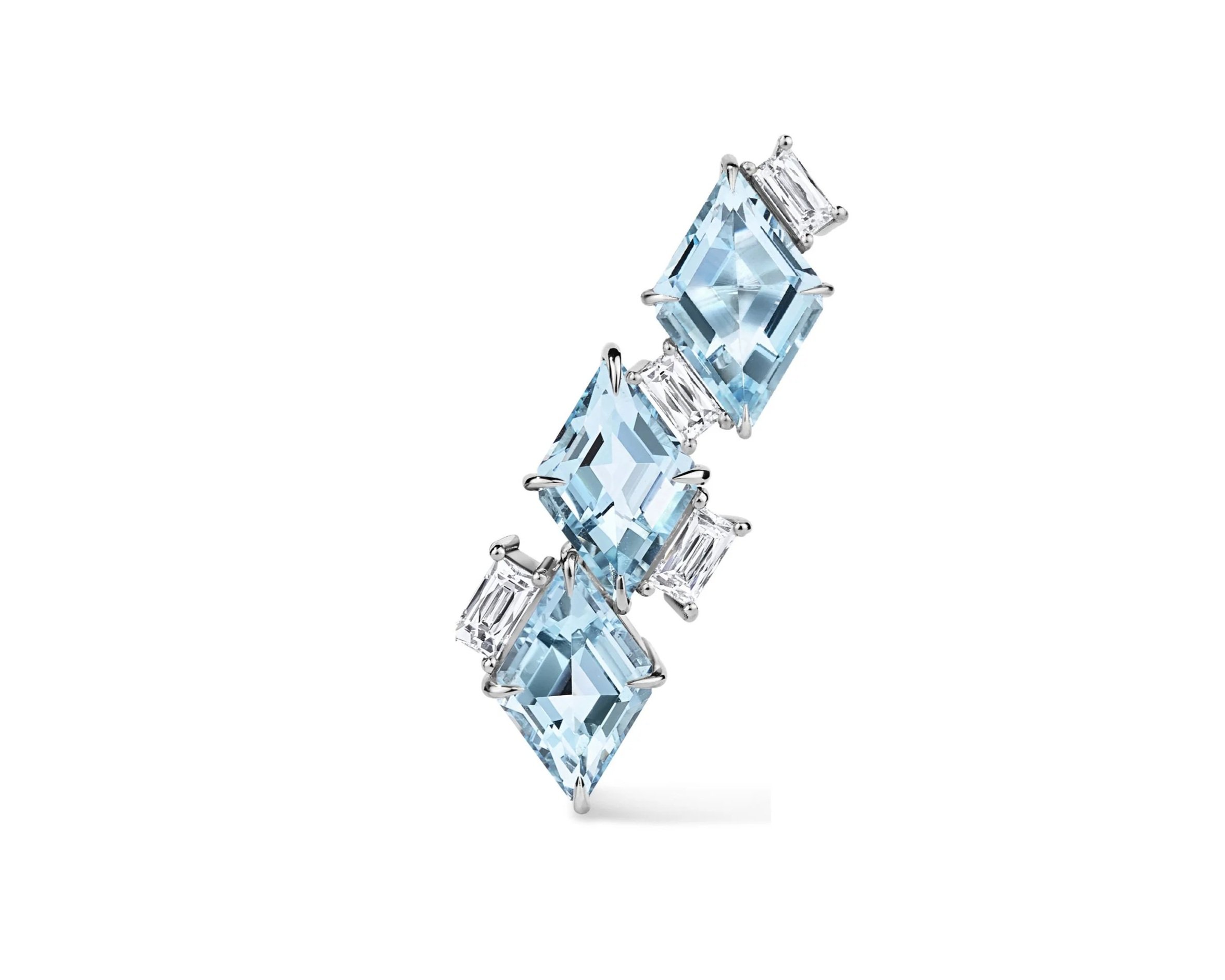 One-of-a-Kind Mismatched Kite-cut Aquamarine Ear Climber Earrings with Antique-Style Baguette French-cut Diamonds