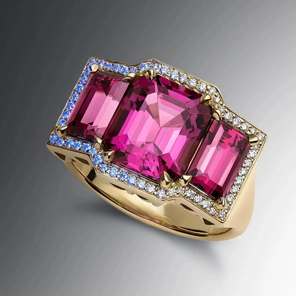 One-of-a-Kind Deco Filigree Ring with Emerald-cut Rhodolite Garnets and Diamonds