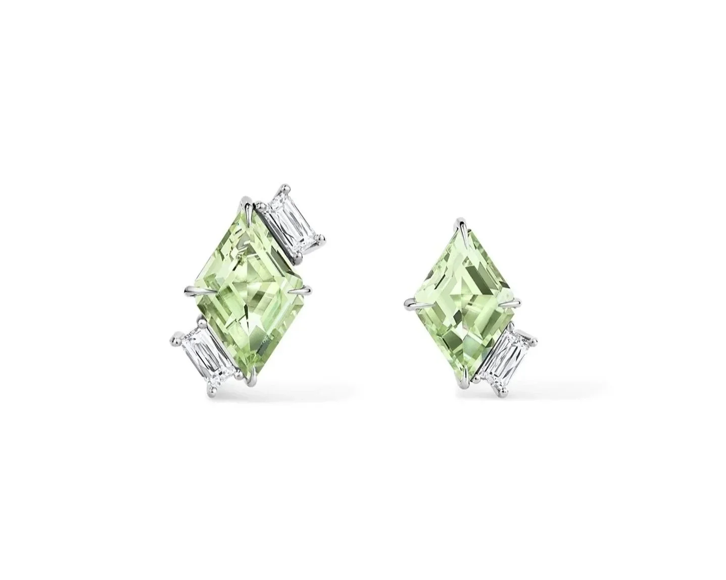 One-of-a-Kind Mismatched Mint Green Tourmaline Ear Climber Earrings with Antique-Style Baguette French-cut Diamonds