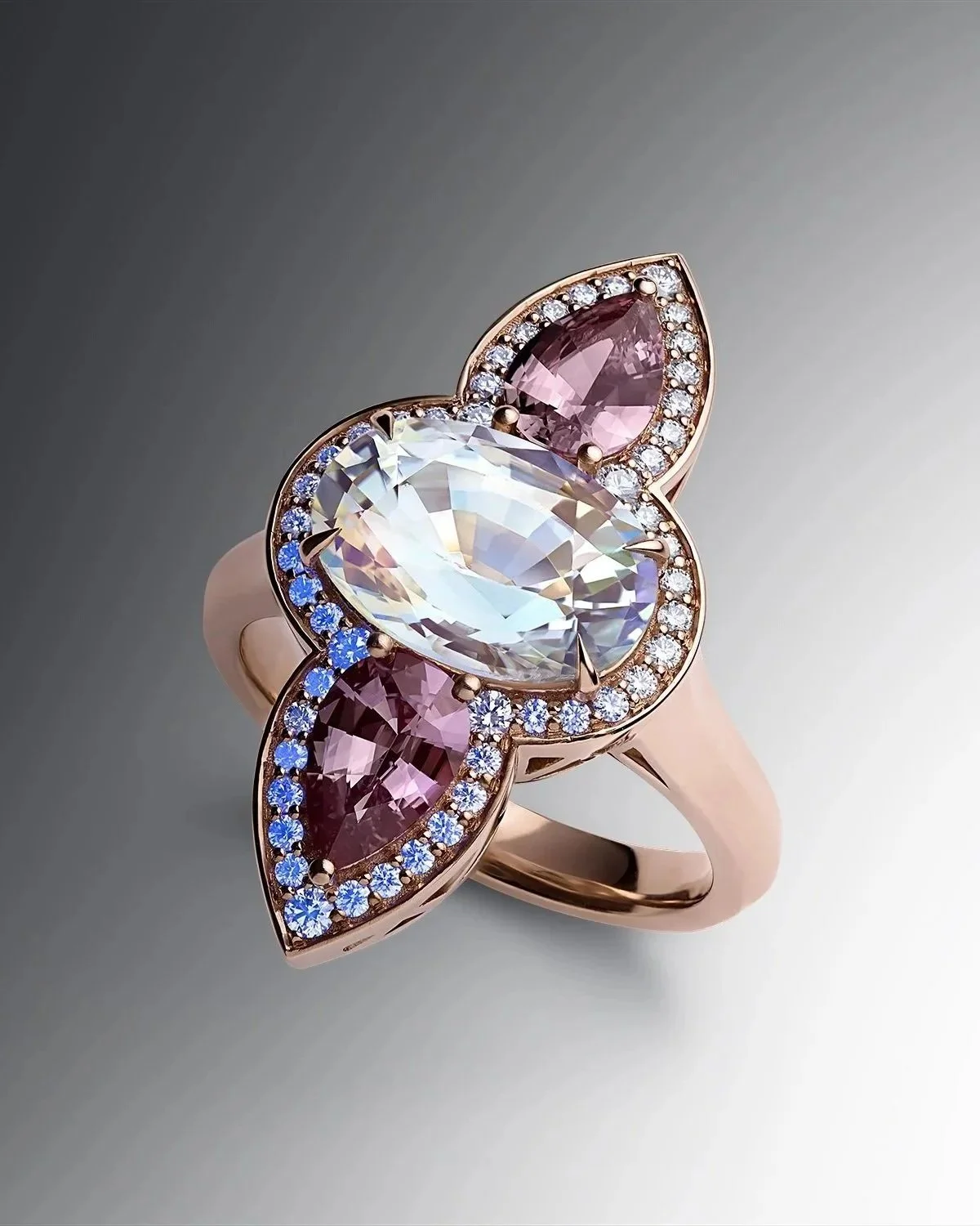 One-of-a-Kind Deco Filigree Ring with Oval-cut Rainbow Moonstones, Rose Sapphires and Diamonds