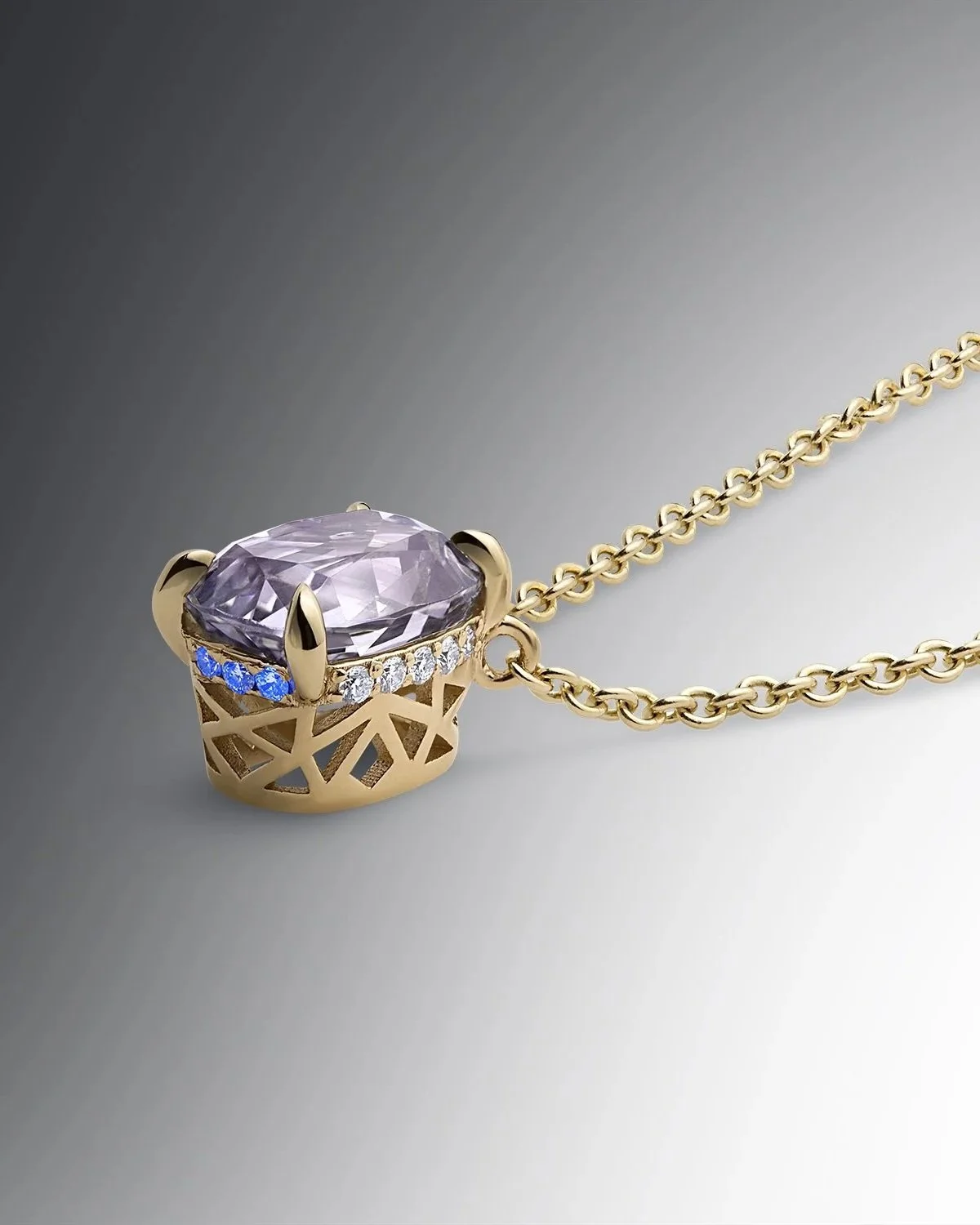 Platinum Spinel Cushion-cut Pendant with optical phenomenon Diamond halo in our signature faceted Deco filigree style mount