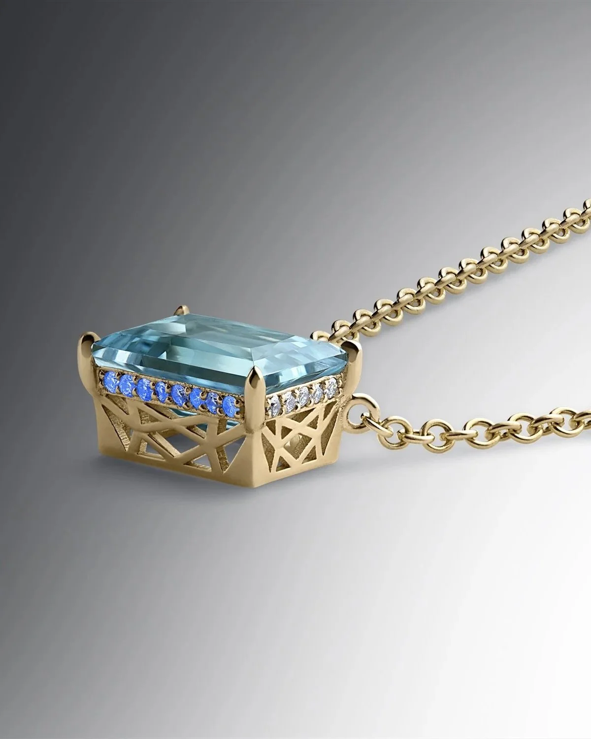 Aquamarine Emerald-cut Pendant with optical phenomenon Diamond halo in our signature faceted Deco filigree style mount