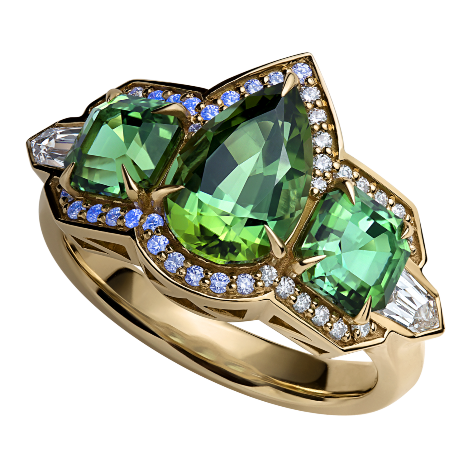 One-of-a-kind Ignite Collection ring featuring natural green tourmalines, natural diamonds, and 18k yellow gold.