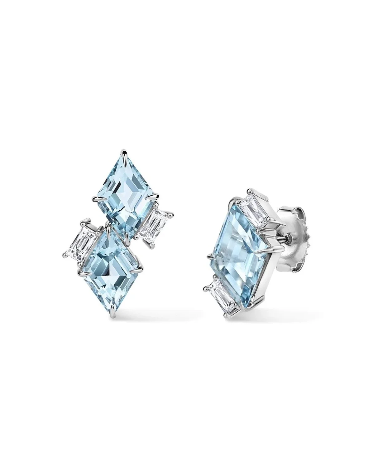 One-of-a-Kind Mismatched Kite-cut Aquamarine Ear Climber Earrings with Antique-Style Baguette French-cut Diamonds