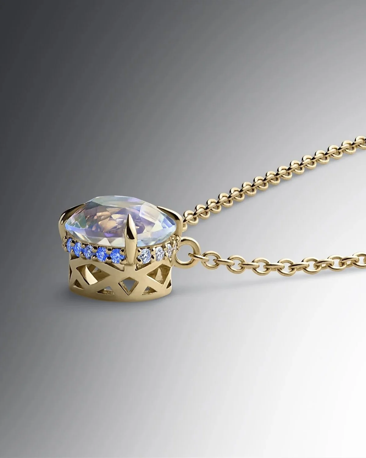 One-of-a-Kind Rainbow Moonstone Oval-cut Pendant with Hidden Diamond Halo