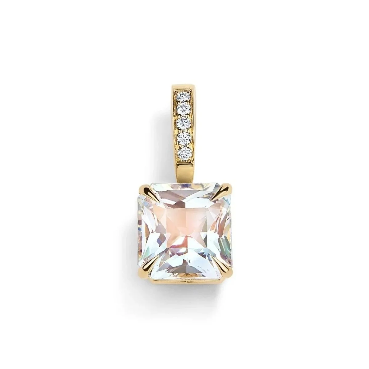 Rainbow Moonstone Radiant-cut charm with optical phenomenon Diamond pavé hinged charm in our signature faceted Deco filigree style mount.