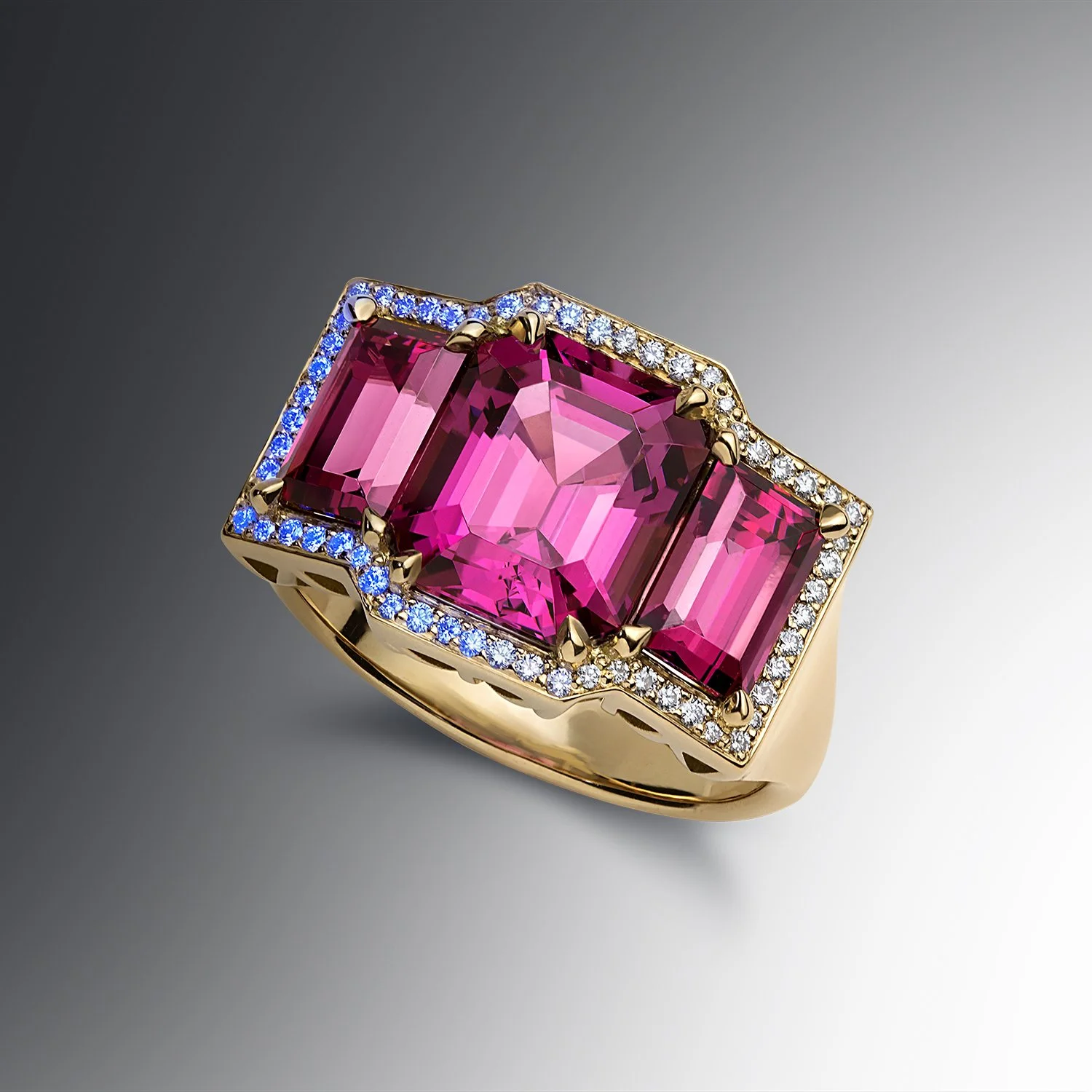 One-of-a-Kind Deco Filigree Ring with Emerald-cut Rhodolite Garnets and Diamonds