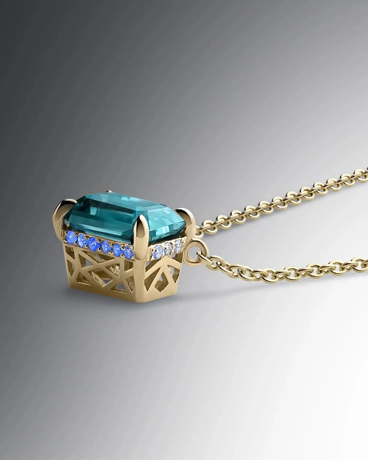 One-of-a-Kind Blue Zircon Emerald-cut Pendant with Hidden Diamond Halo