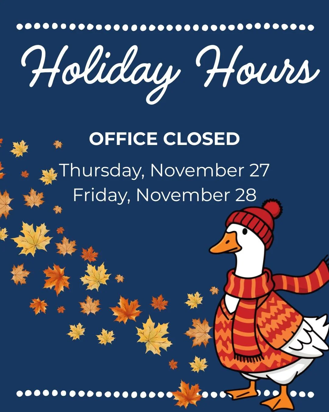 🦃Holiday Hours🦃

Our office and ESSDACK Print Solutions will be closed Thursday, November 27th and Friday, November 28th.

Have a safe and happy holiday weekend! #URRY