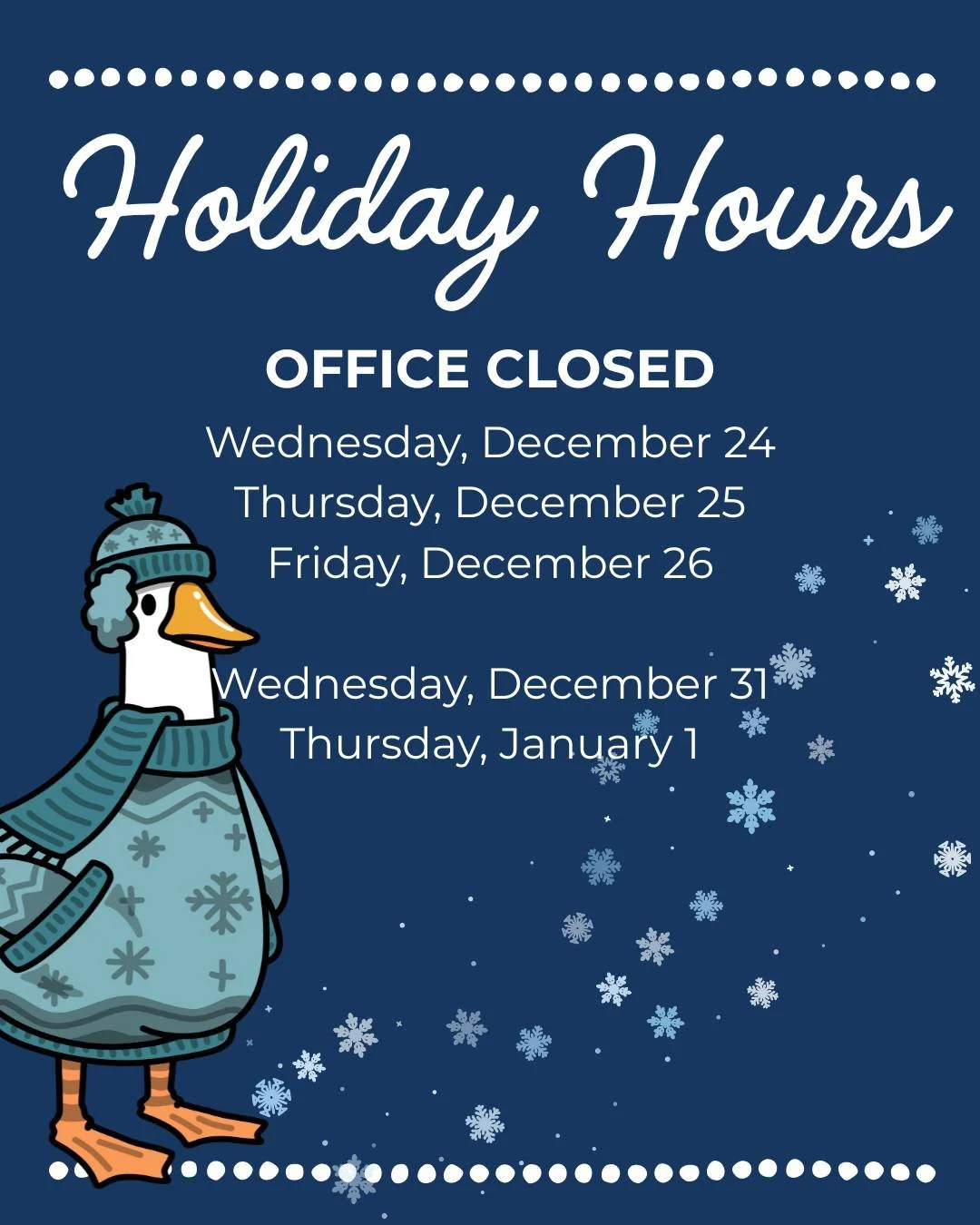 ❄️ Holiday Hours ❄️

Our office will be closed Wednesday, December 24th through Friday, December 26th.

May this holiday season bring you joy, peace, and time with loved ones. We look forward to continuing our shared journey in the coming year!

#URR