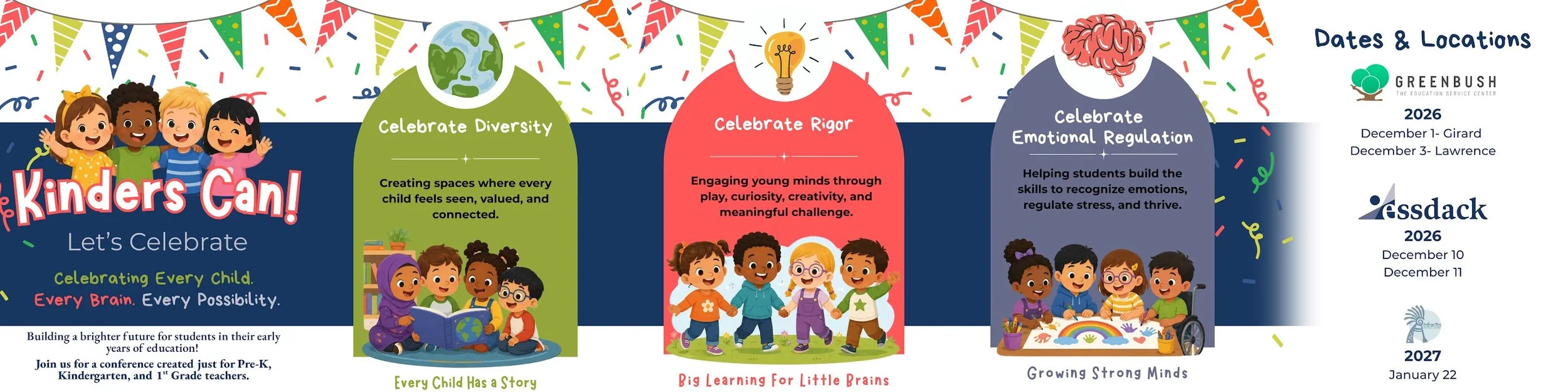 Kinders Can 2026 banner with text celebrting diversity, rigor, and emotional regulation