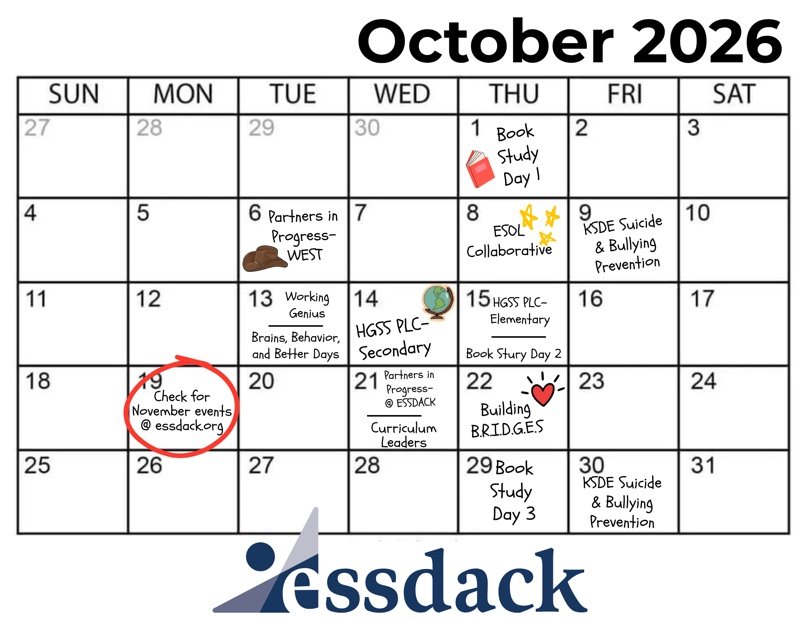 October calendar with a variety of ESSDACK professional learning opportunities circled