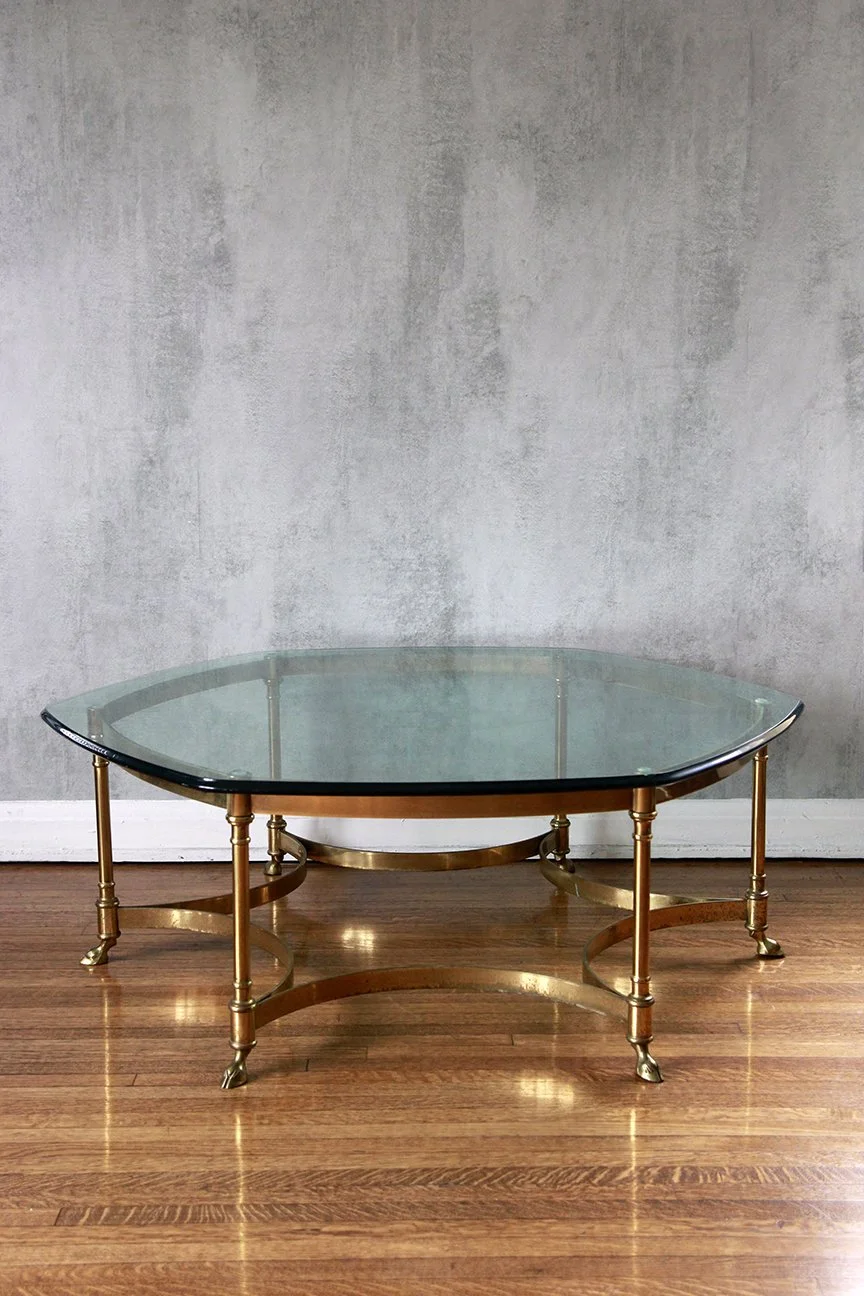 Labarge Hollywood Regency Brass Hoof Base With Hexagonal Glass Cocktail Table