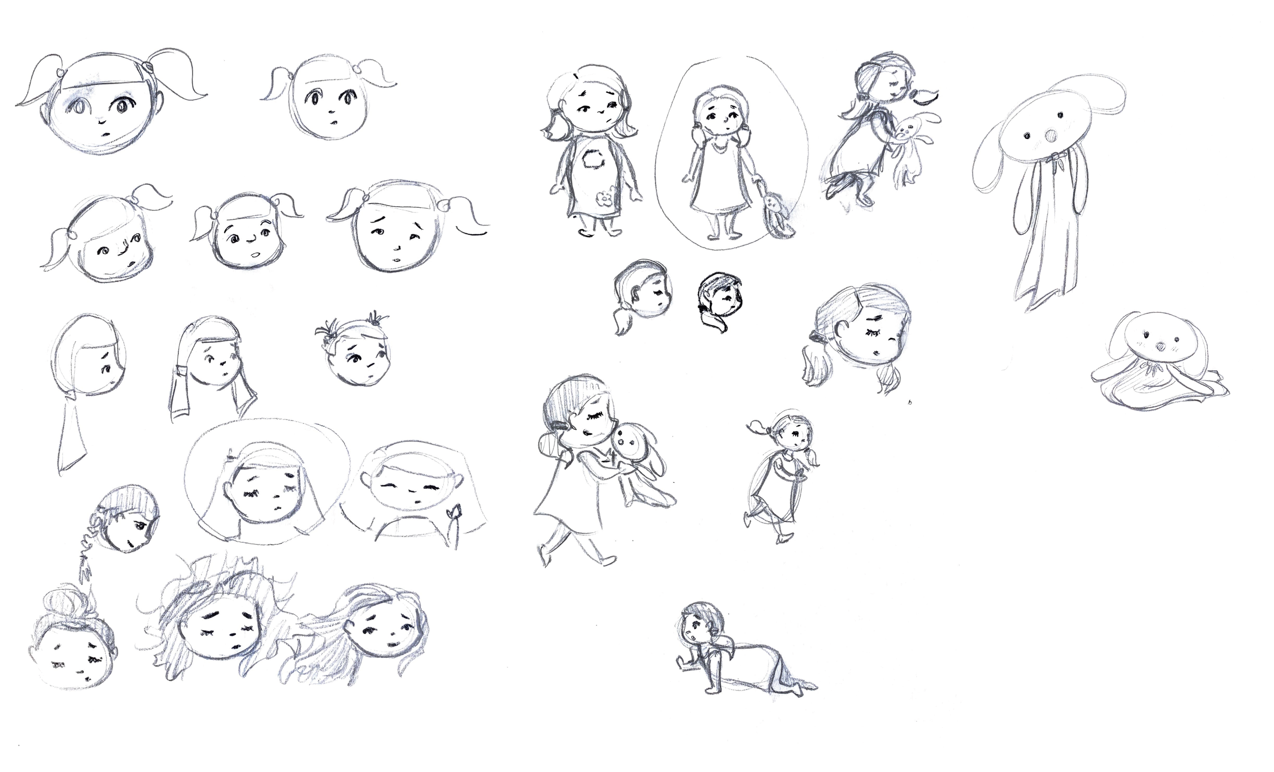 Character sketches. The stuffed bunny character is based off of my childhood stuffed animal, Pink Bunny.
