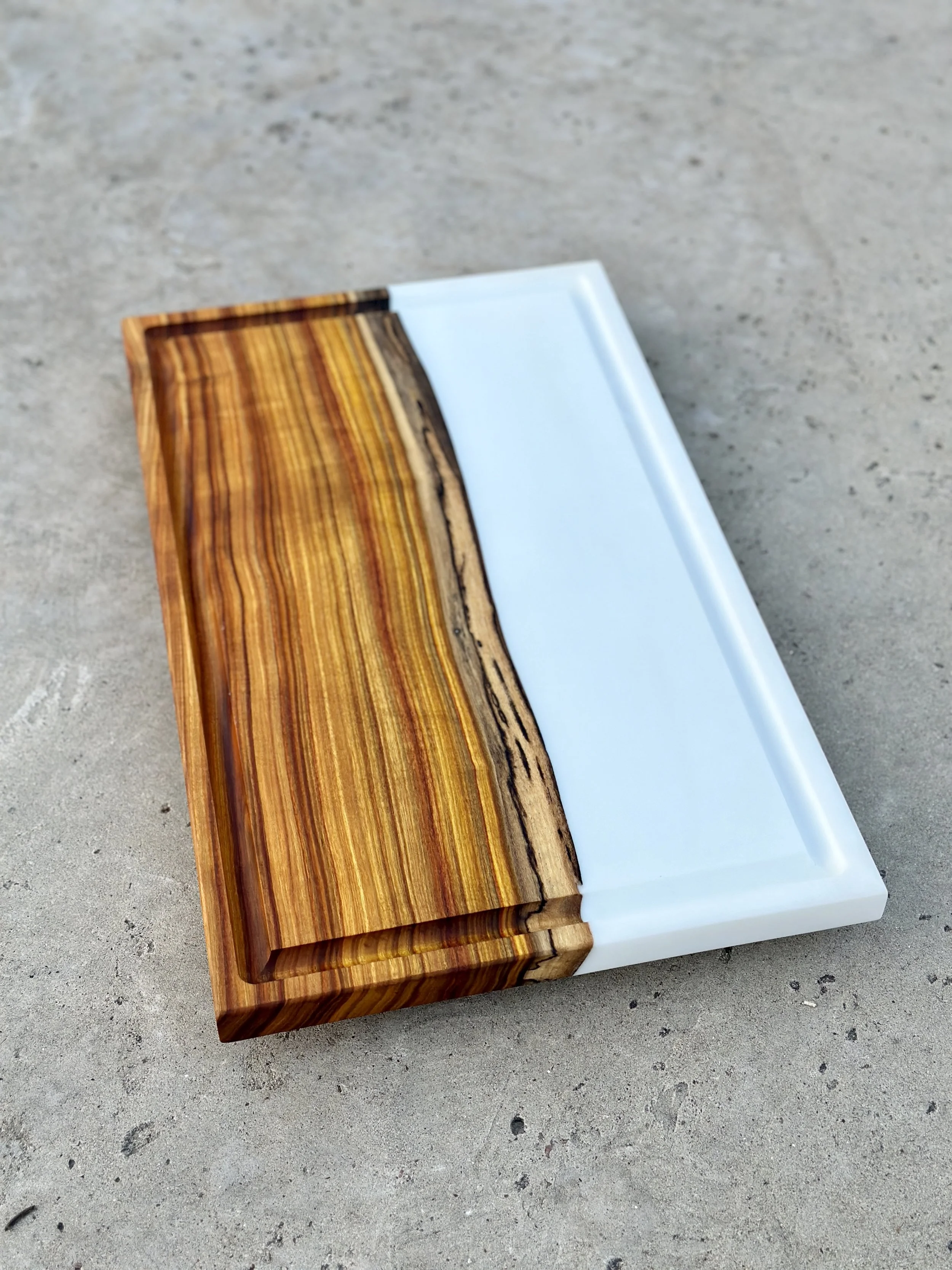 Tomahawk Size Cutting Board - Canary Hardwood Butcher Block with Pure White Epoxy Resin
