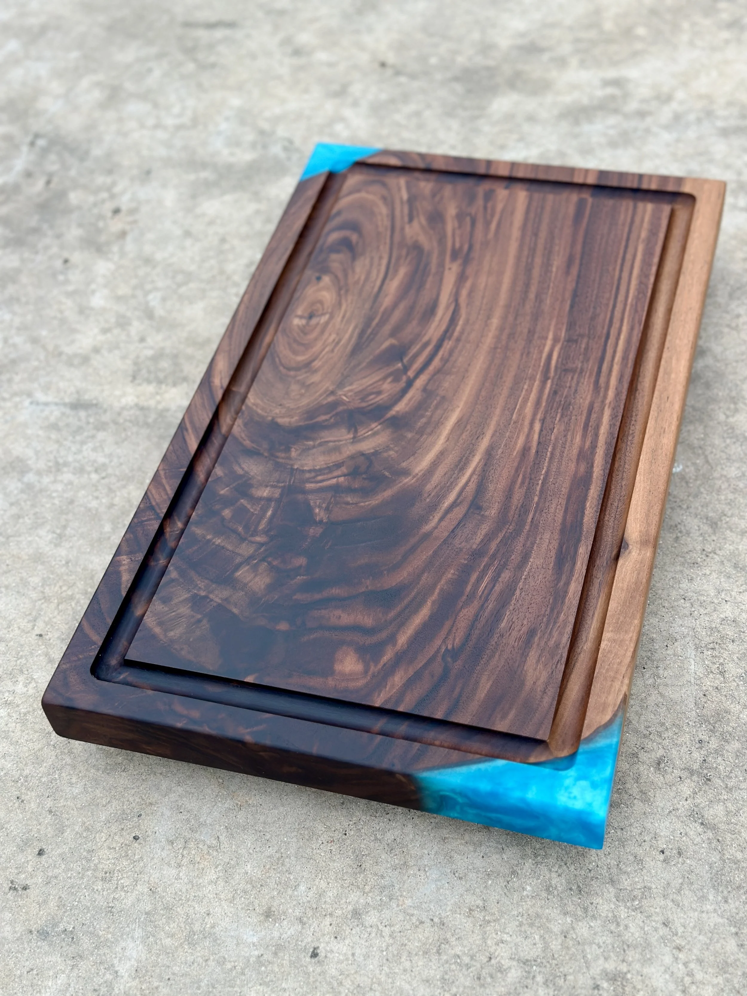 Handcrafted Highly Figured Walnut Wood & Blue Green Epoxy Resin Cutting Board Charcuterie Serving Board