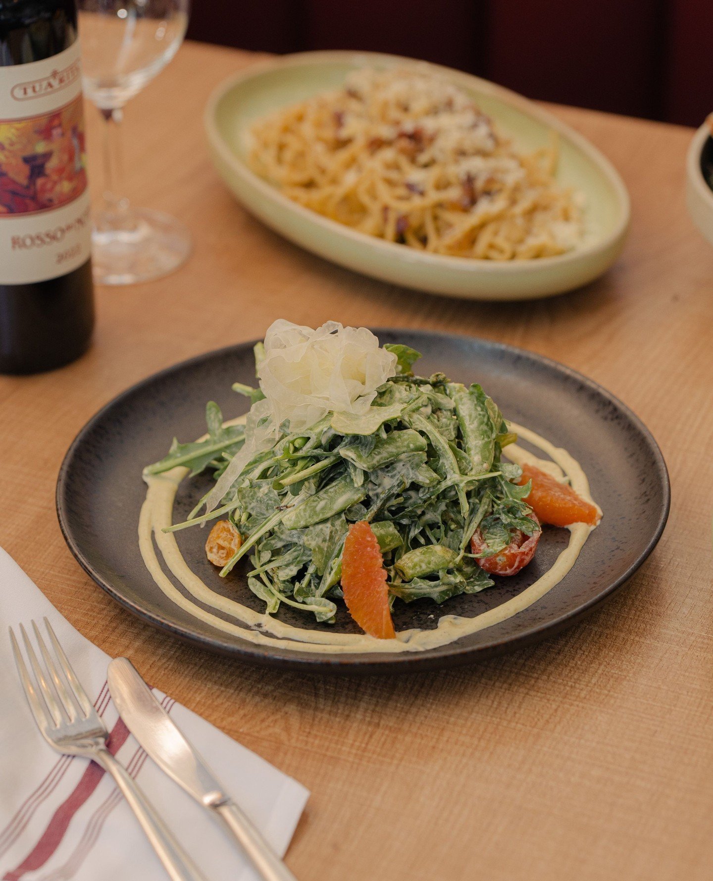 A refreshing bite to reset your palate between courses.⁠
⁠
Introducing our new salad; a vibrant mix of fennel, snap peas, asparagus, pickled cucumber, blood orange, cherry tomatoes, and pistachio vinaigrette.⁠
⁠
The perfect pause before your next del