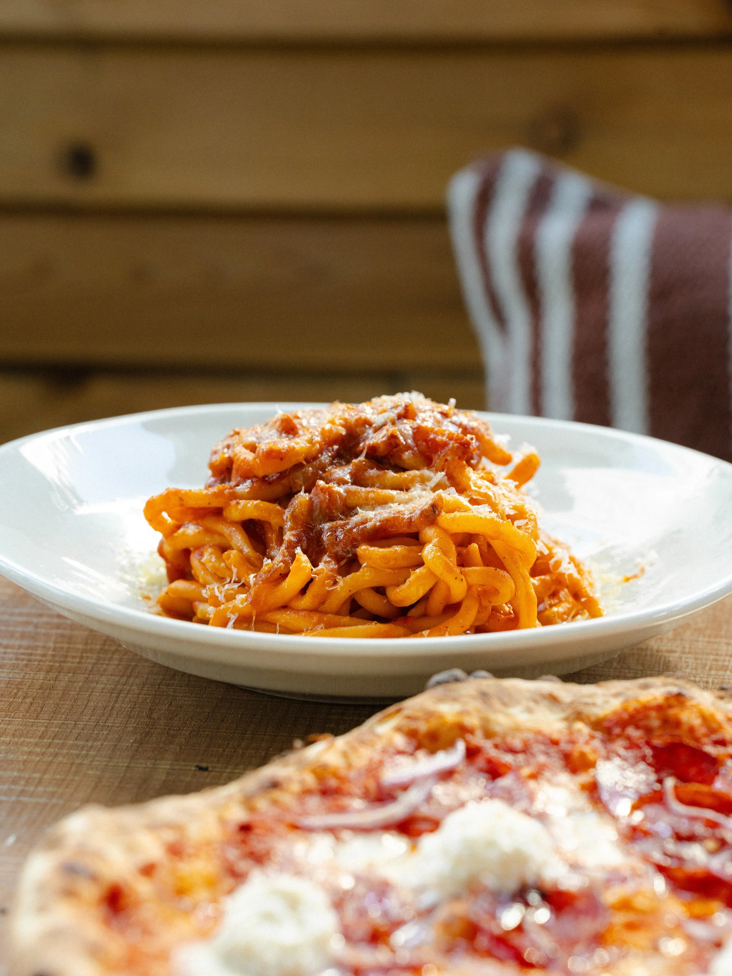 Bucatini all&rsquo;amatriciana. A little spicy, a little rich, a lot of comfort 🍝🌶️

Guanciale, tomato sauce, Calabrian chili, pecorino, and basil over fresh daily pasta.

You&rsquo;re going to be thinking about this one all week long.