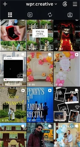 WPR Creative Instagram photography portfolio grid showing NYC events and proposals