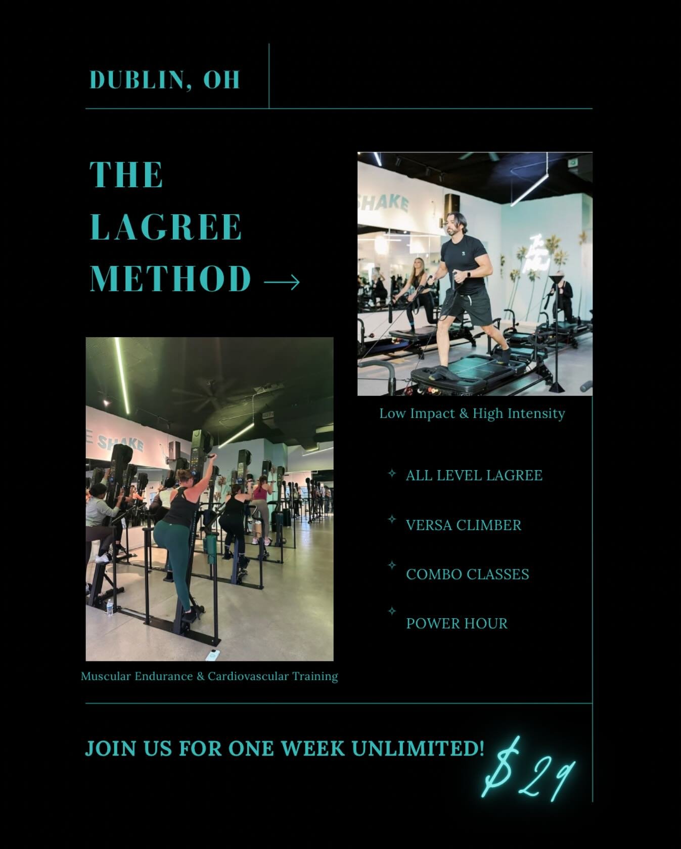 Allow us to reintroduce ourselves! 👋

At The Lagree Method, we offer a variety of dynamic classes designed to help YOU find your perfect fit. 💪✨

Curious to give us a try? For just $29, enjoy one week of unlimited classes&mdash;explore different cl