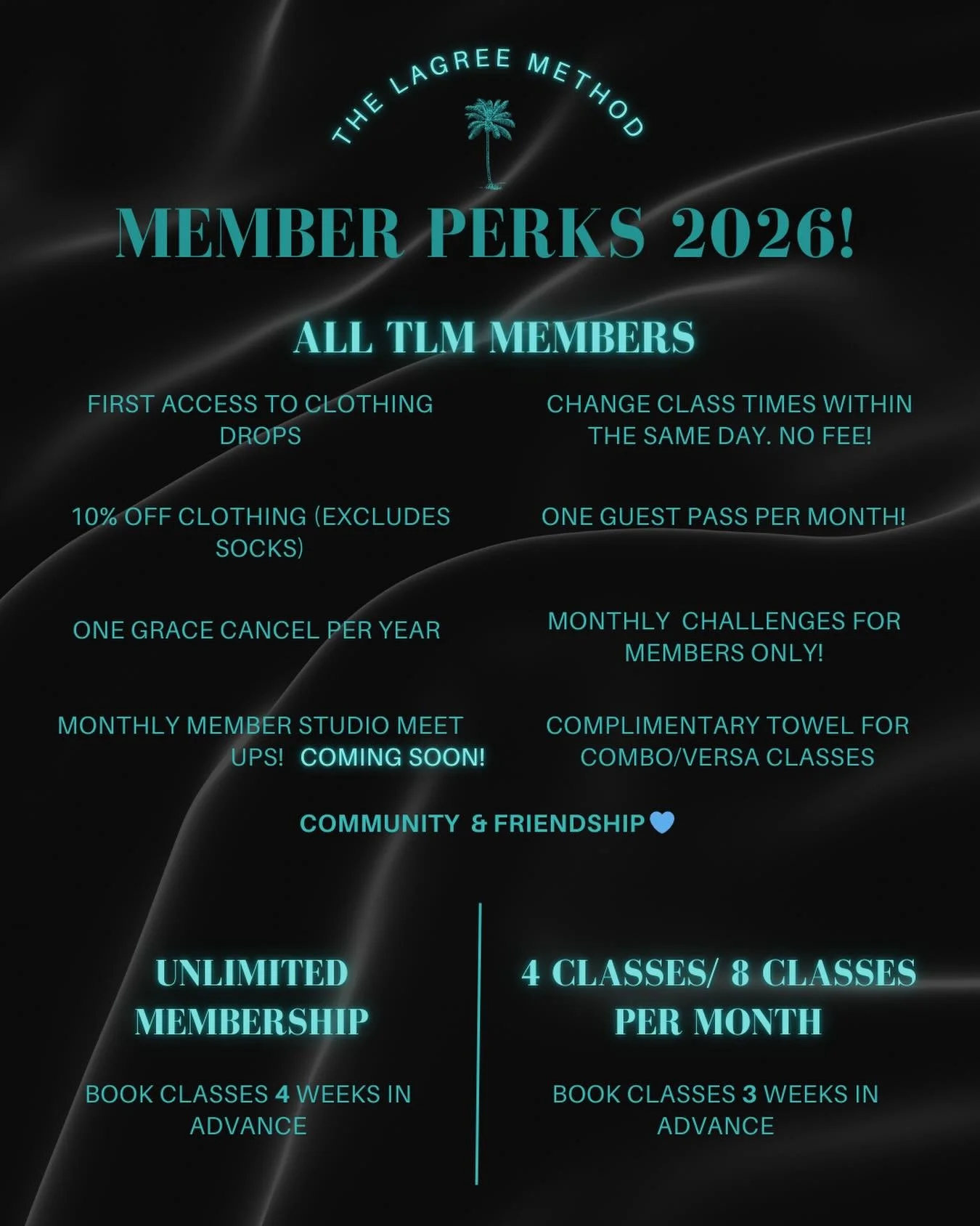 More perks. More flexibility. More motivation ✨

Lagree Method members enjoy guest passes, advanced booking, grace cancels, exclusive discounts, early access to apparel, and members-only challenges&mdash;plus the community and friendships that make s