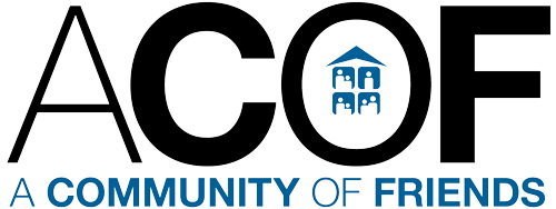 Logo with the word 'ACOF' and a blue emblem of a house and people, with the phrase 'A Community of Friends' below.