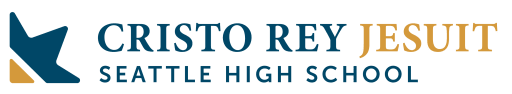 Logo of Cristo Rey Jesuit Seattle High School with a stylized ship and text in blue and gold.