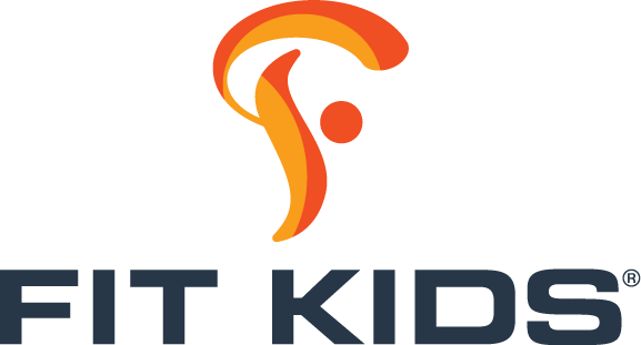 Logo of FIT KIDS featuring a stylized dancing figure in orange and yellow with the words 'FIT KIDS' in bold dark blue letters underneath.