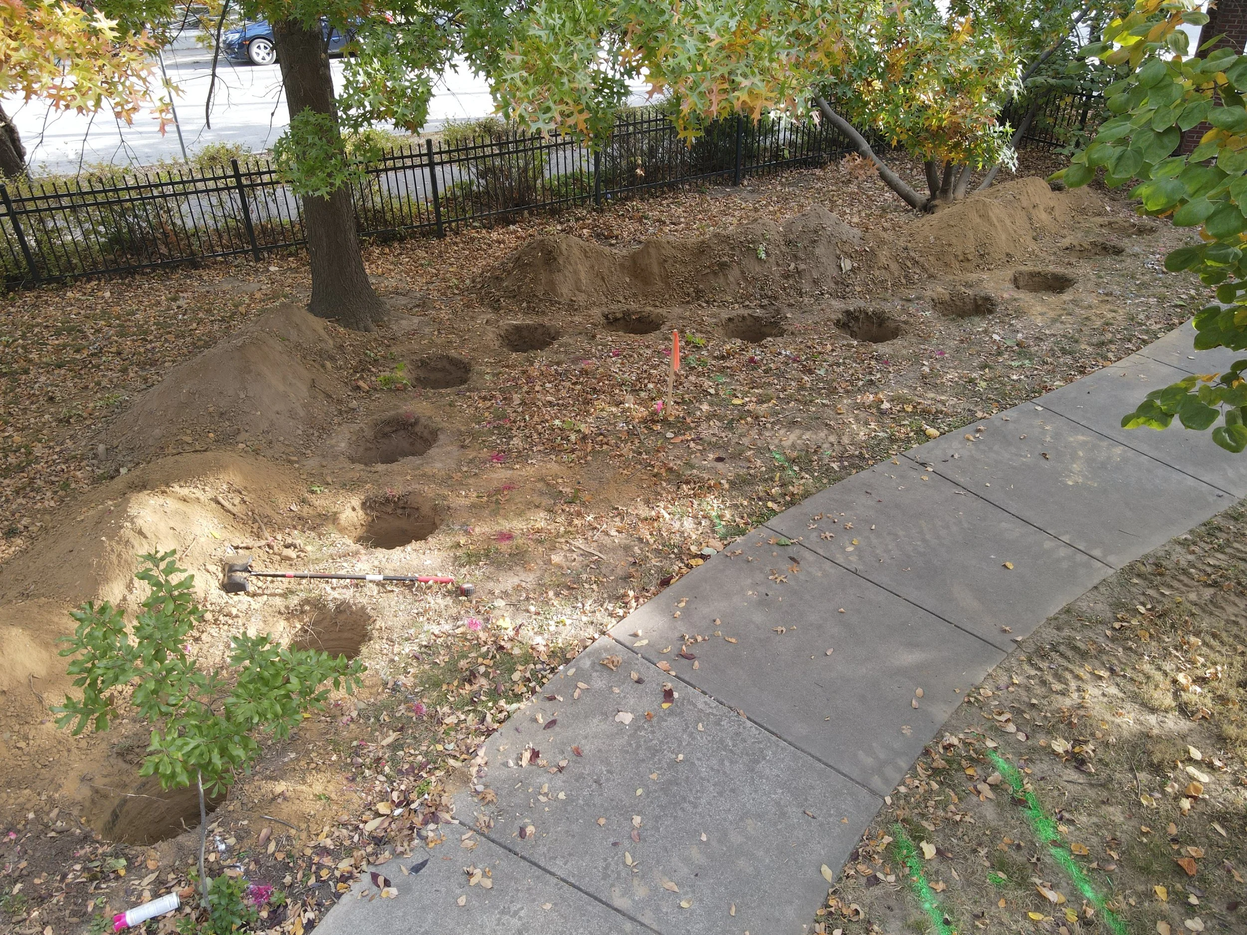 Beside a concrete pedestrian walkway in a park, a series of postholes follows the curved footprint of the "wall" that will hold the Multisensory Artwork for Clifton.