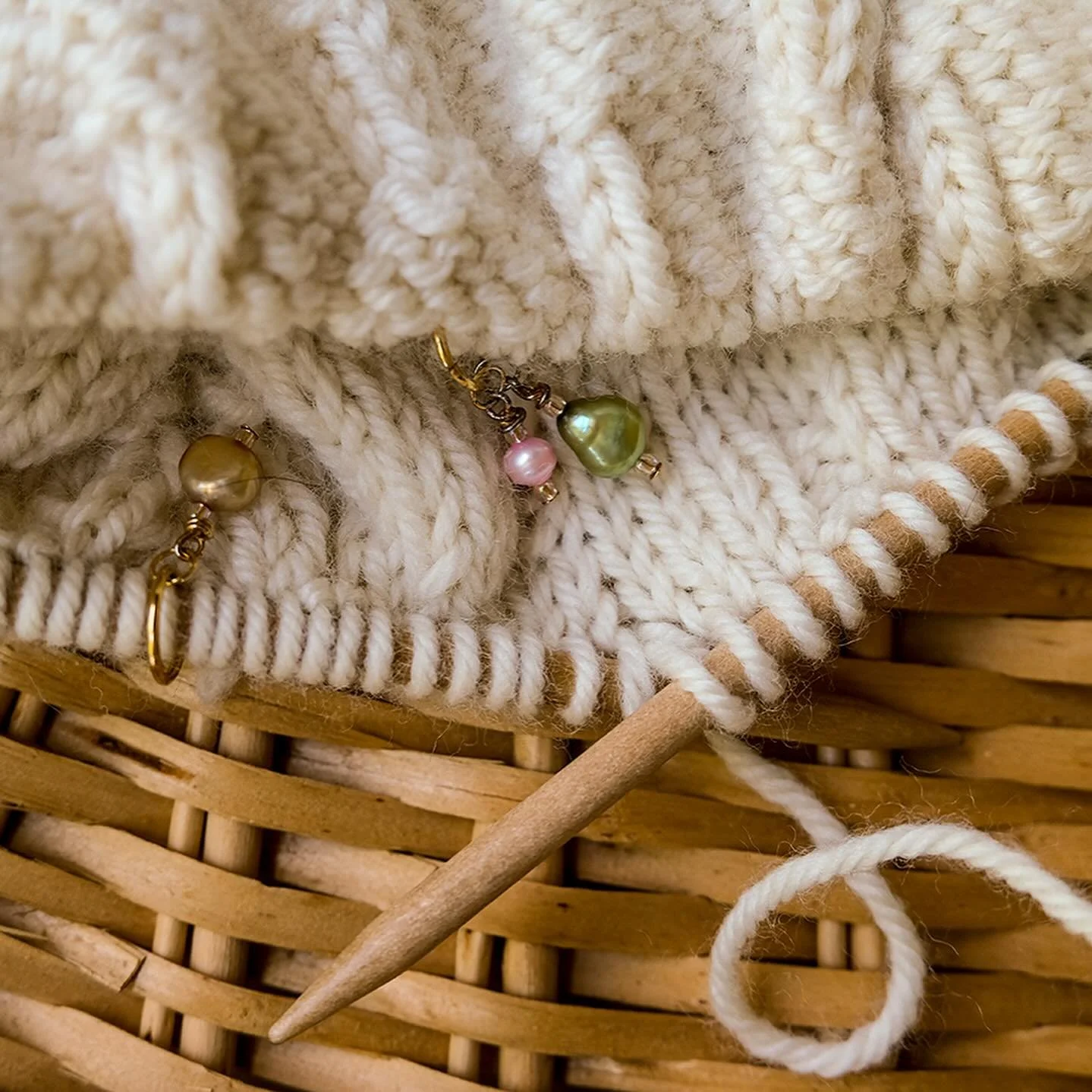 Colorful Freshwater Pearls with 14k-gold-plate hardware! 

These beauties are my favorite knitting accessories to make and use. 🧶

Shines in the light and feels so smooth to touch.  It makes me excited to see that BOR marker come around when it is t