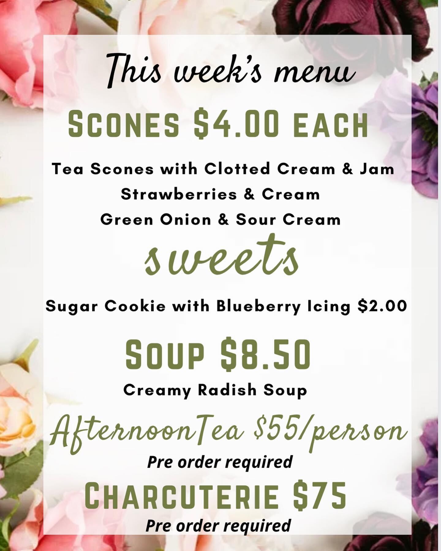 Dine in &amp; takeout menu for this week at the teahouse! We are open Thursday - Sunday, 10am - 3pm. Please call/ text 403-978-7391 for orders and reservations. 🫖🤍
&bull;
&bull;
&bull;
#thenobleteahouse #afternoontea #charcuterie #freshly #baked #s