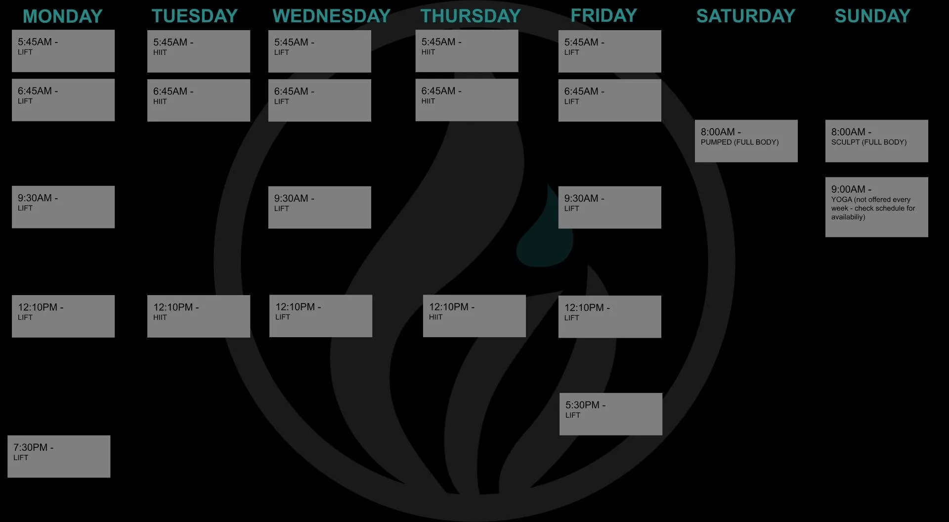 Schedule of Ignite group fitness classes
