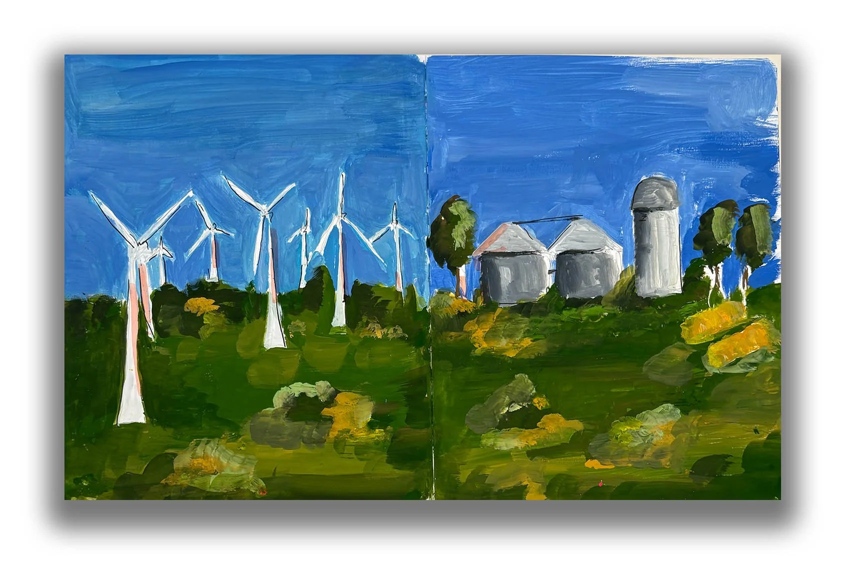 A painted landscape depicting wind turbines on the left, and farms with silos and barns on the right, under a blue sky.