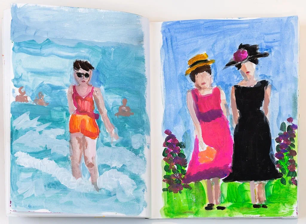 A watercolor painting of a woman in a swimsuit at the beach on the left, and two women in dresses with hats standing outdoors among flowers on the right.