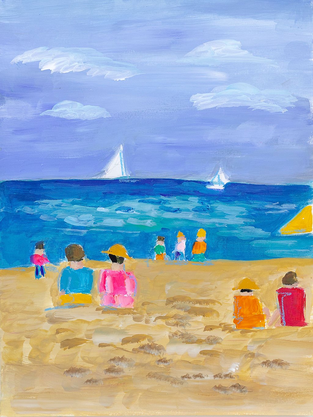 Painted beach scene with people sitting on the sand, some facing the ocean, with sailboats in the water and clouds in the sky.