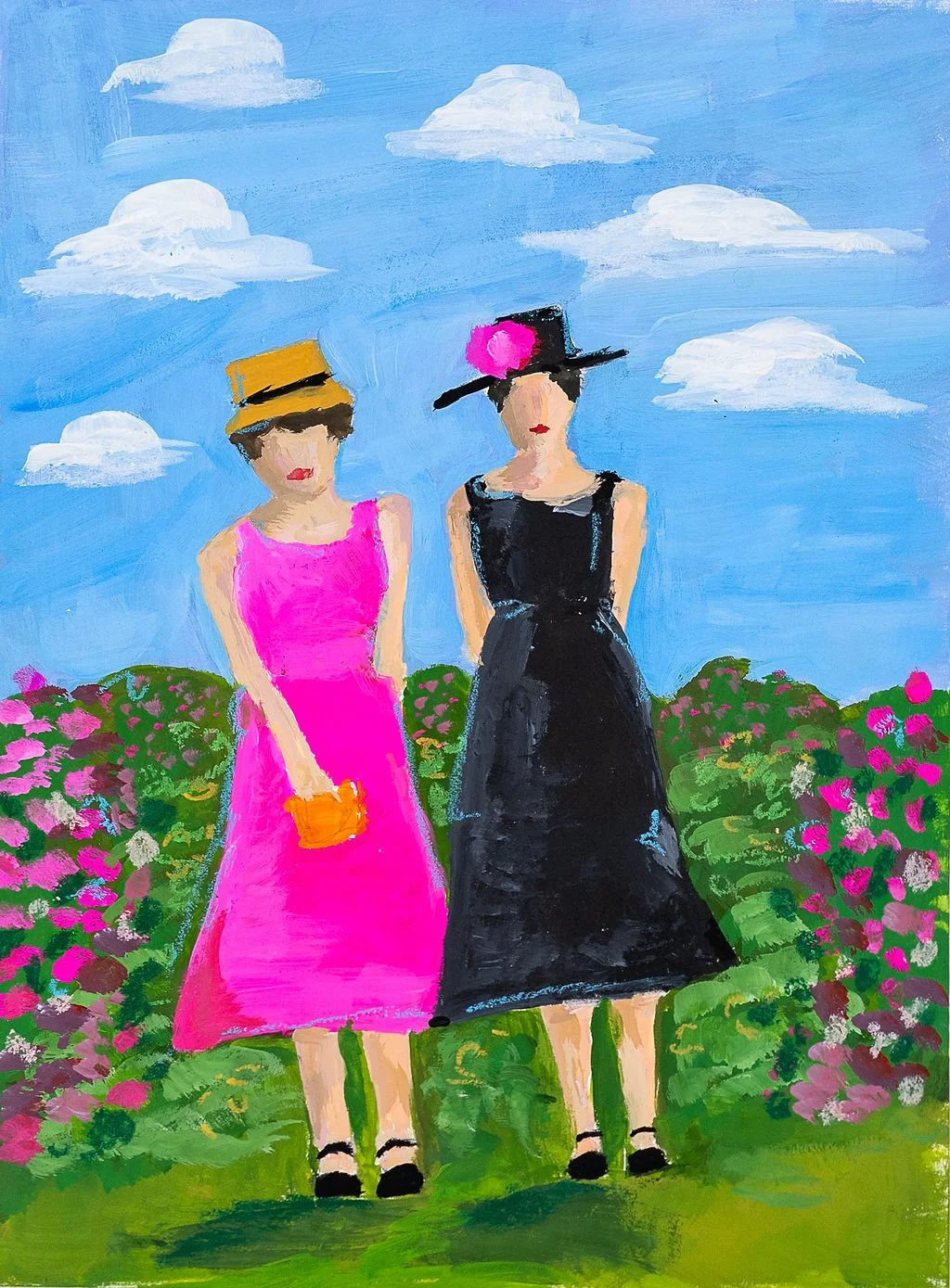 Two women standing outdoors in a garden with pink flowers under a blue sky with clouds. One wears a bright pink dress and a tan hat; the other wears a black dress and a black hat with a pink decoration.