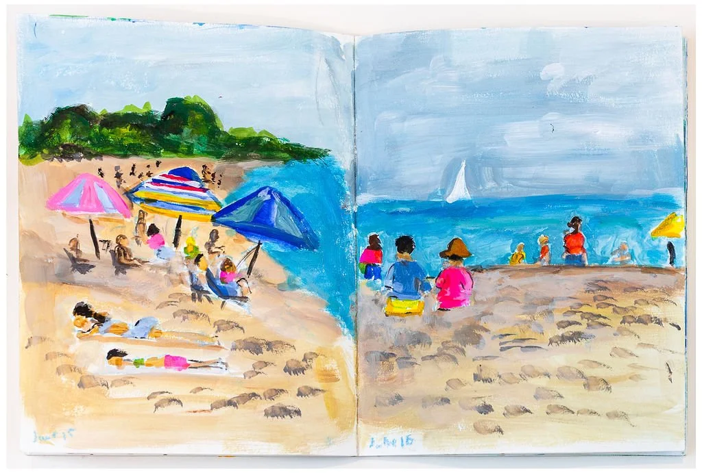 Painting of a beach scene with people under colorful umbrellas and others relaxing on the sand and near the water, with a distant sailboat on Lake Michigan and green trees in the background.