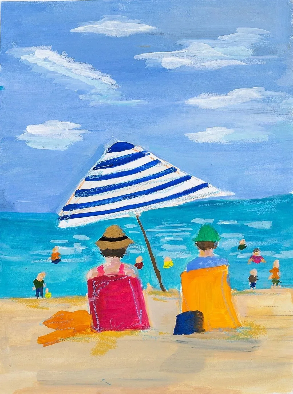 Painting of a beach scene with two people sitting on the sand under a striped umbrella, facing the ocean, with several other people in the water and a blue sky with clouds.