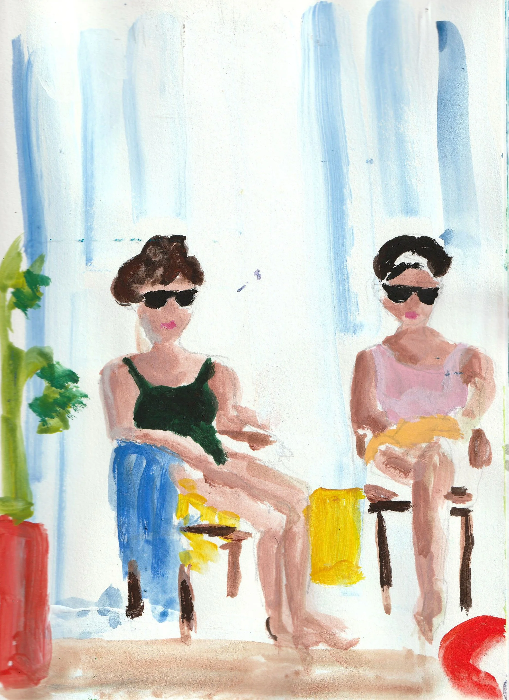 Ladies by the pool, goauche oil pastel ink paper, 8x10.jpg