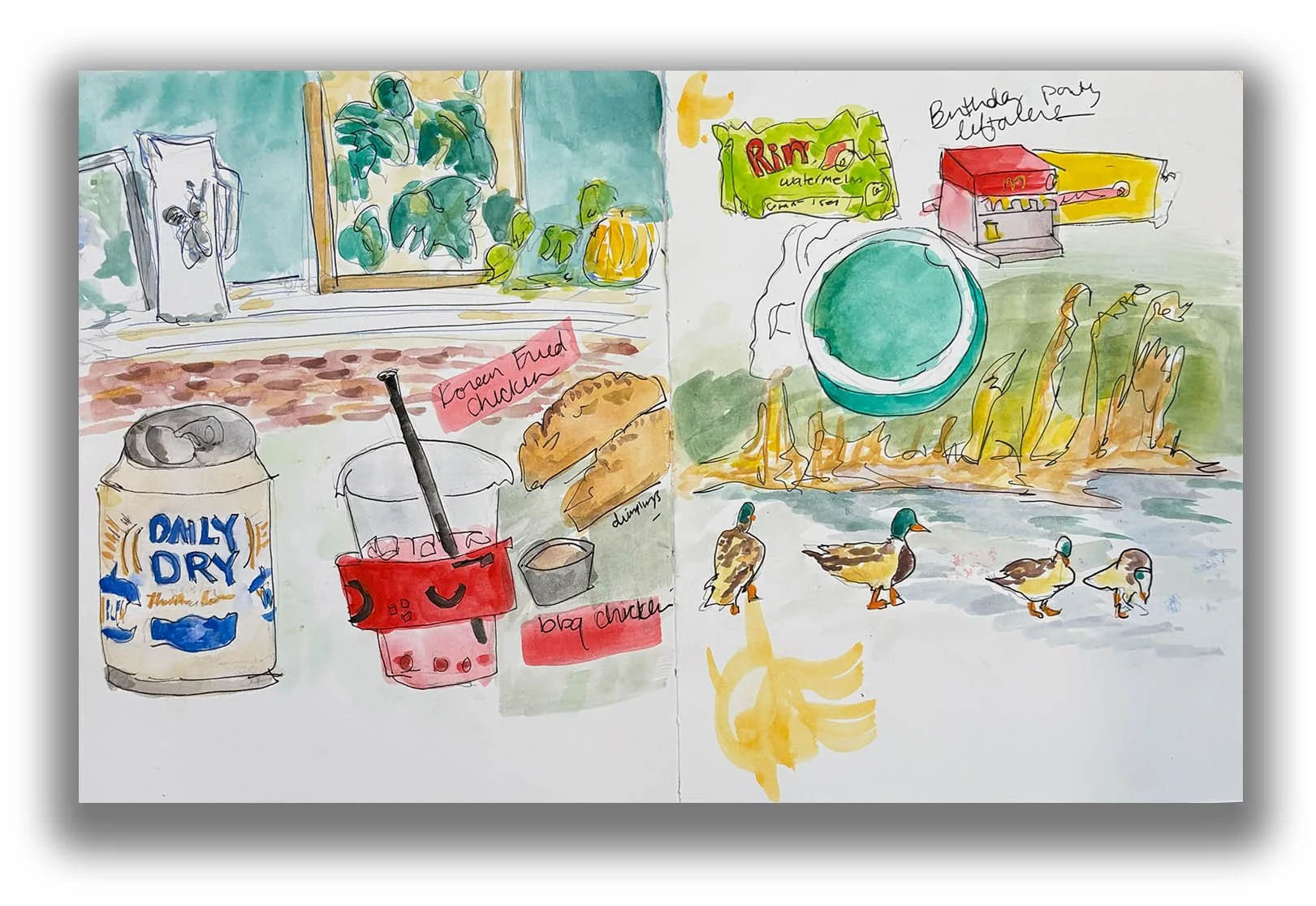 Watercolor sketch featuring an open window with plants, a can labeled 'Daily Dry,' a cup with a straw, a fried chicken drumstick, a dozen ducks walking near a pond, and various food items like watermelon packaging and brownie slices, with handwritten