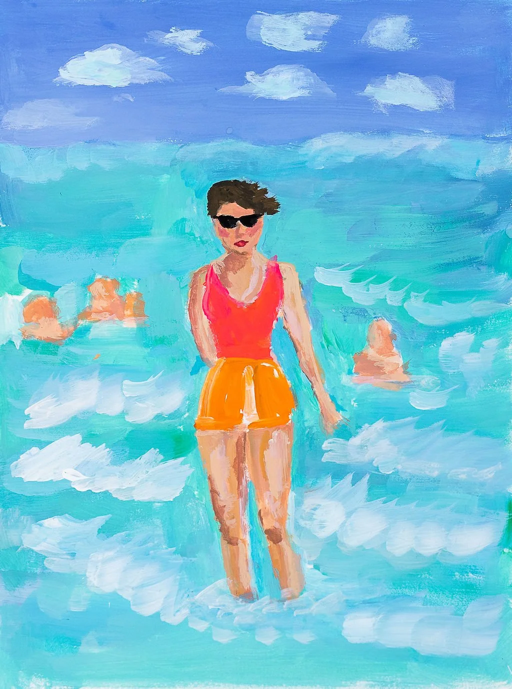 Painting of a woman in a red top and orange shorts standing in the ocean with other swimmers in the background, wearing sunglasses, under a blue sky with clouds.