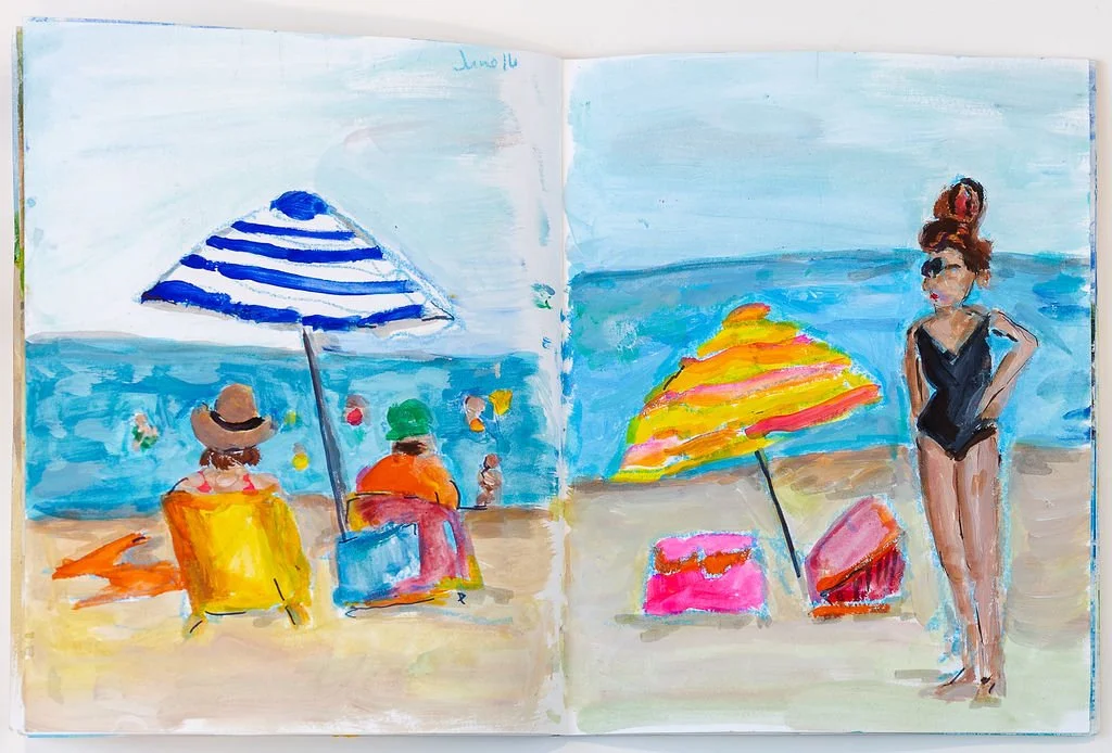 A watercolor painting of a beach scene divided into two scenes. The left side depicts two people sitting under a blue and white striped umbrella, facing the ocean, with beach chairs and a hat, sunglasses, and toys. The right side shows a woman in a b