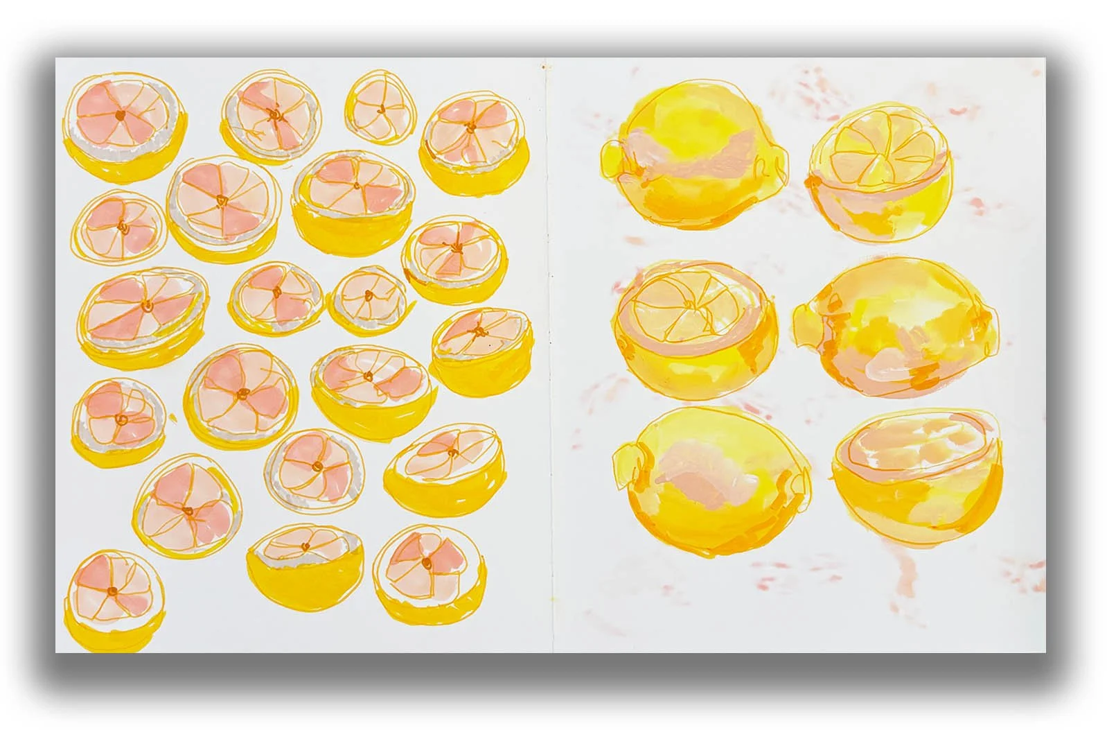 Watercolor painting of lemon slices on white paper, arranged in a pattern with some halves and quarters, in shades of yellow, pink, and orange.
