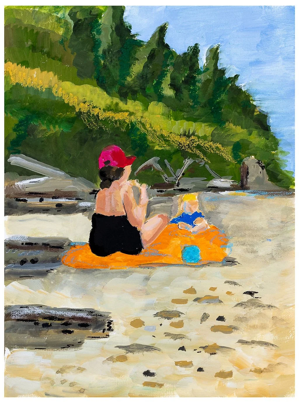 A painting of a woman and a child sitting on an orange towel on a beach, with the woman wearing a red hat and black swimsuit, and the child in a blue outfit and yellow hat. In the background, there are rocks, green hills, and a blue sky.
