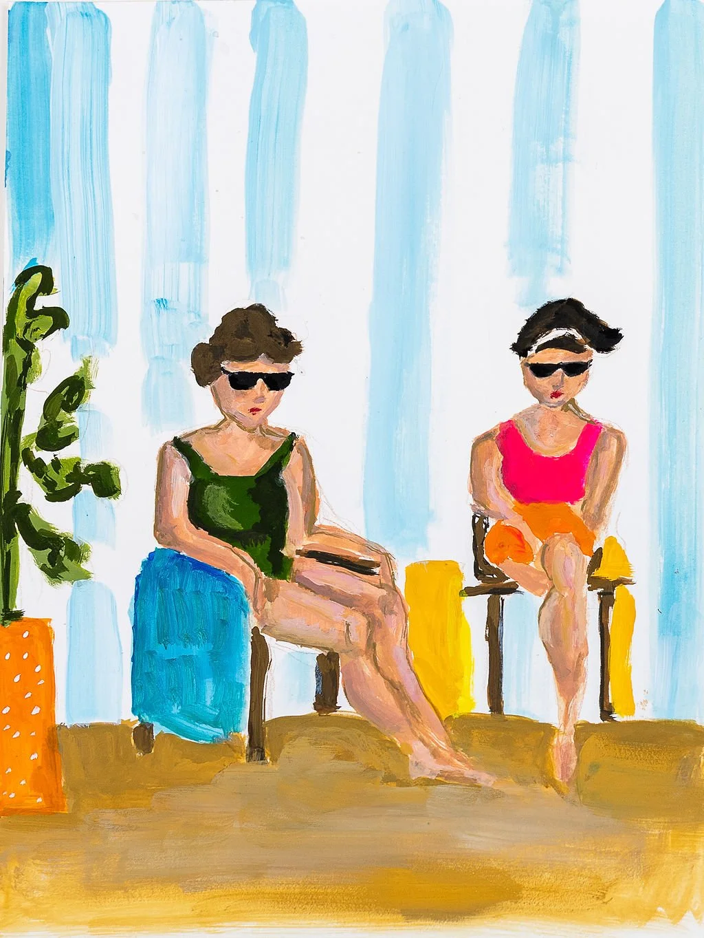 Two women sitting on chairs wearing sunglasses, with a potted plant on the left and colorful blocks behind them, in an abstract style.